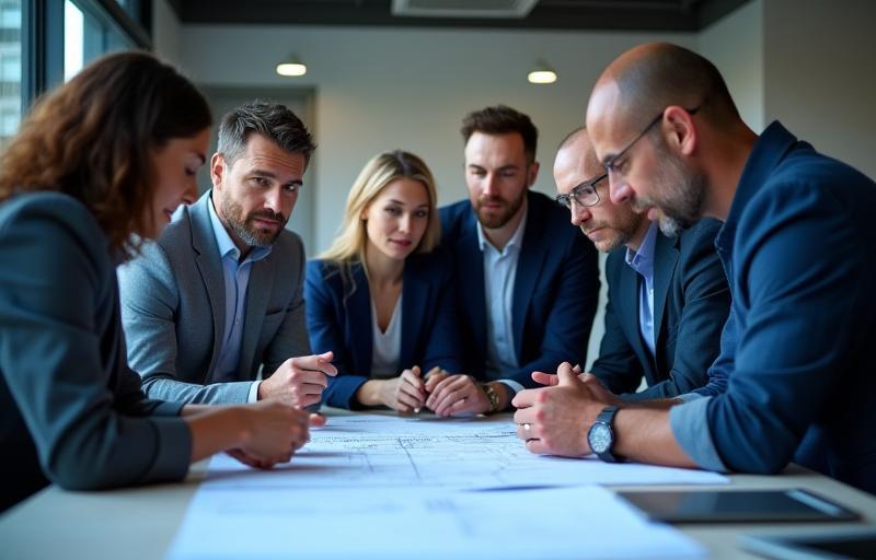 Image of professionals discussing blueprints for a steel project