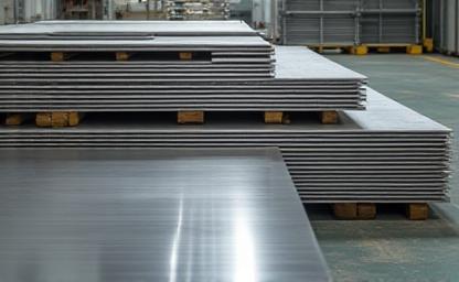 Stacks of various types of steel sheet metal