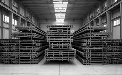 Steel I-beams and H-beams stored in a warehouse