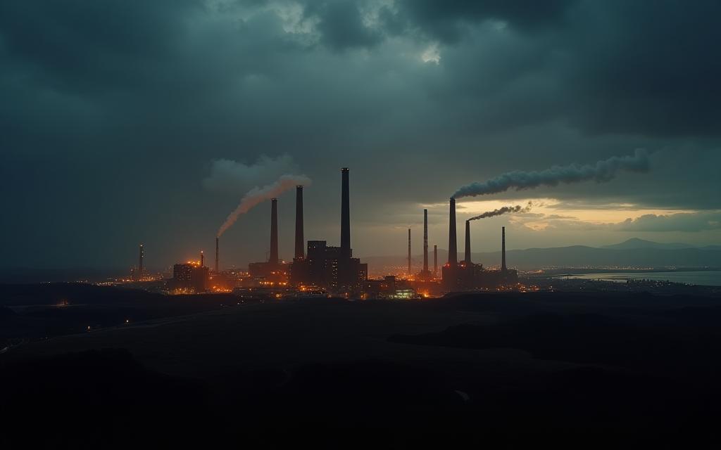 Panoramic view of the Acciai Meridionali steel manufacturing facility under a dramatic sky