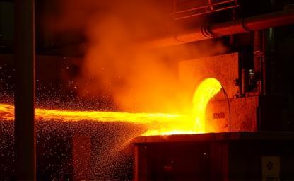Detailed view of molten steel casting process